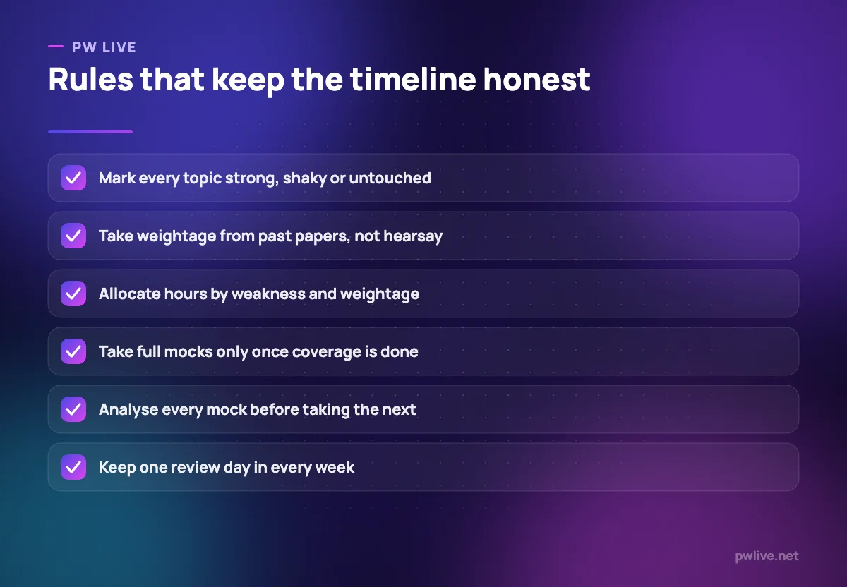 Checklist of six rules for running a six-month competitive exam timeline.