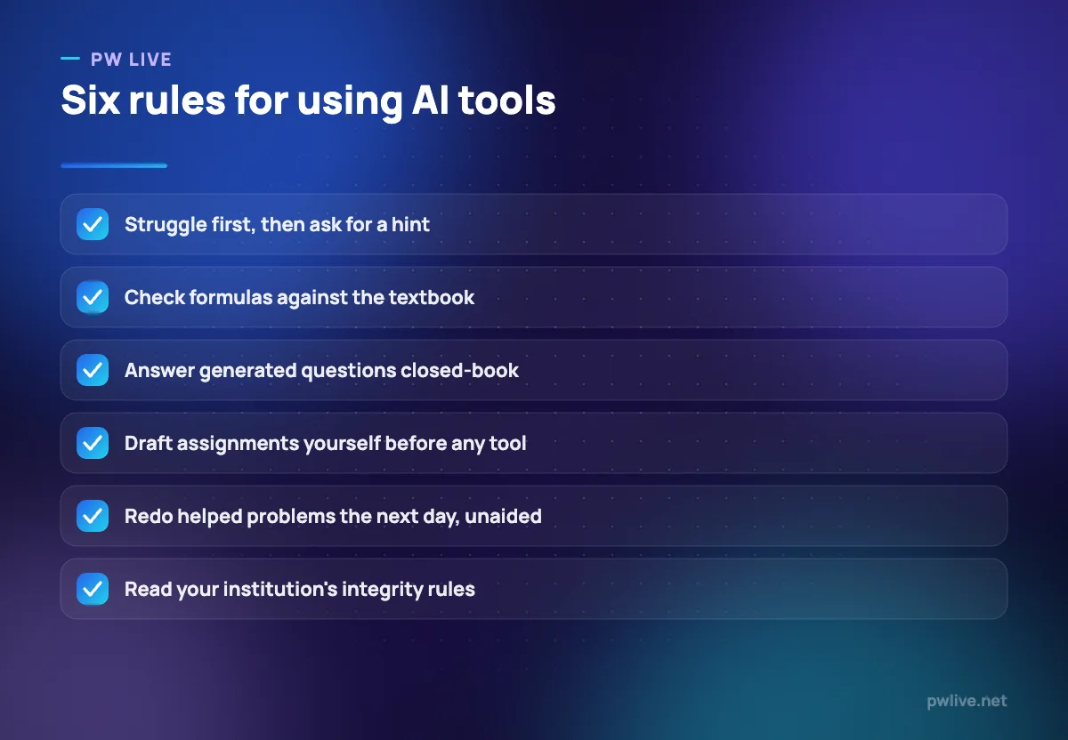 Checklist of six rules for studying with AI tools.