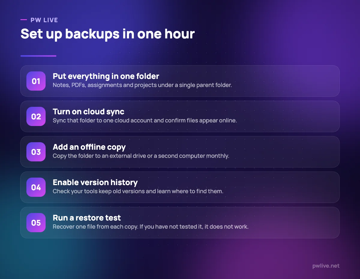 Five numbered steps for setting up a student backup system.