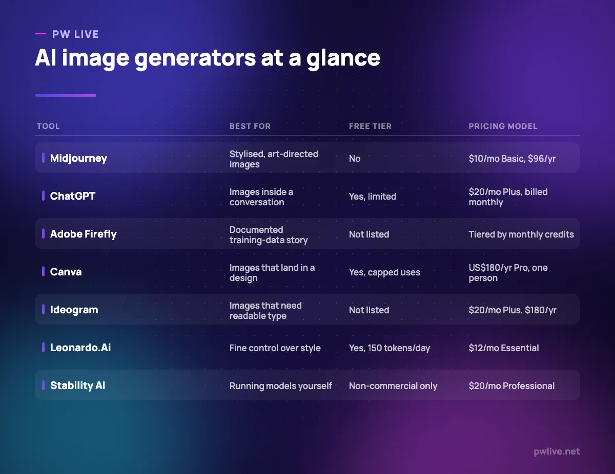 Comparison table of seven AI image generation tools showing what each is best for, free tier availability and pricing model.