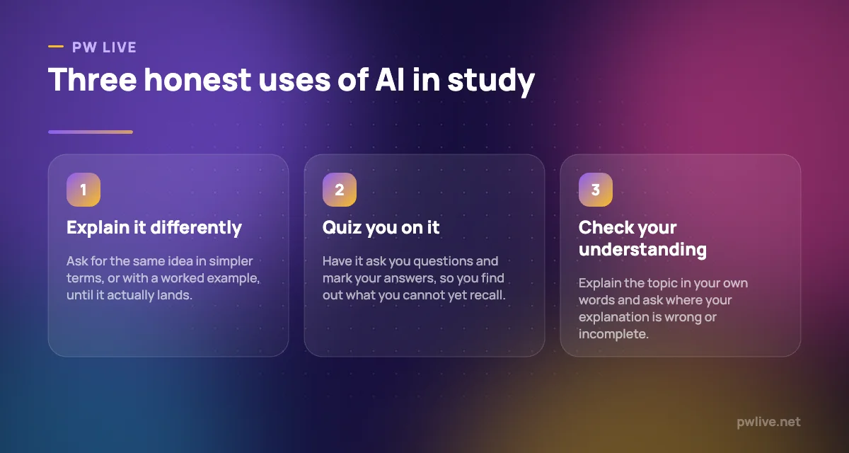 Three pillars describing honest uses of AI while studying: explaining, quizzing and checking.