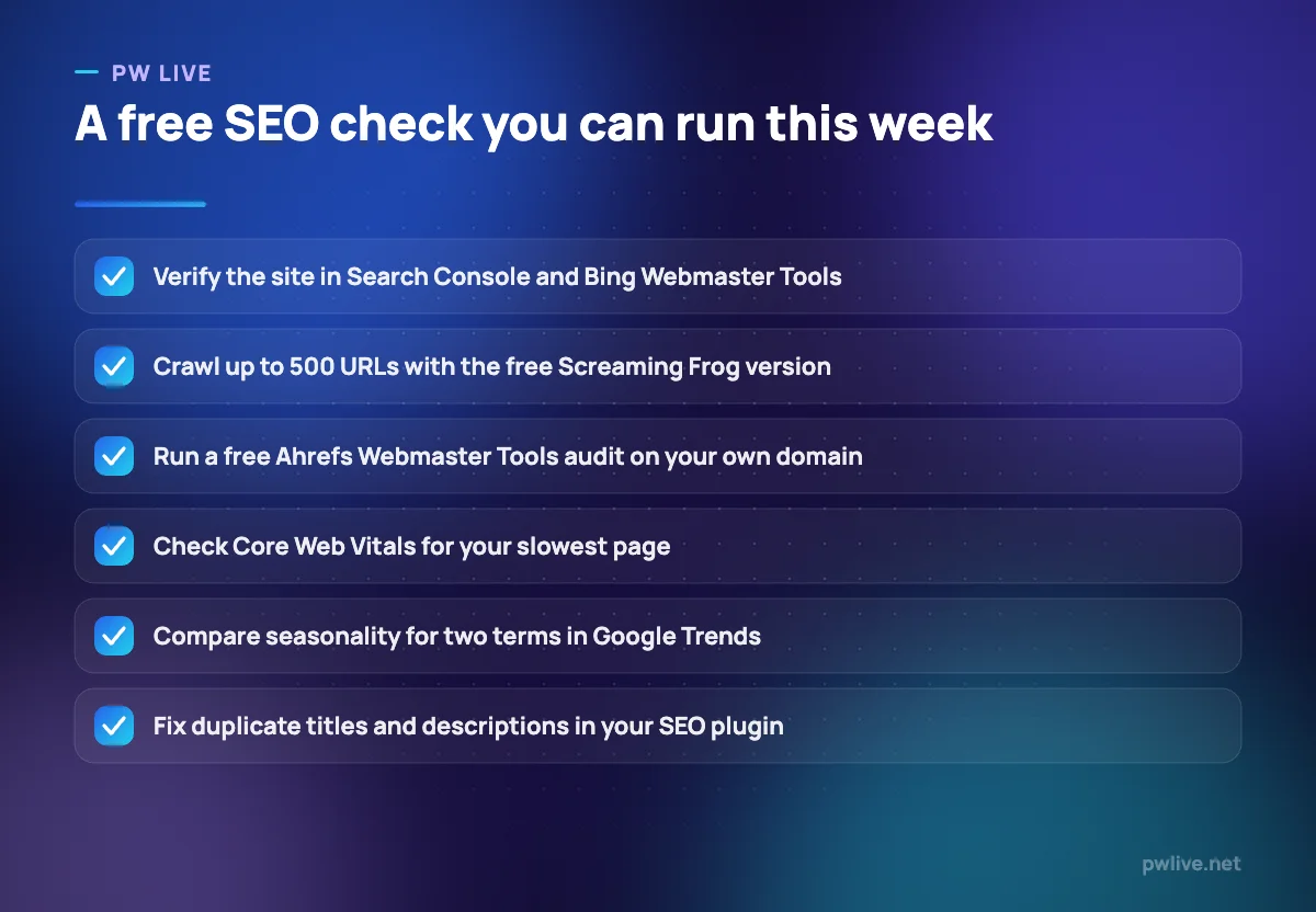 Checklist of six free SEO tasks covering verification, crawling, speed and keywords.