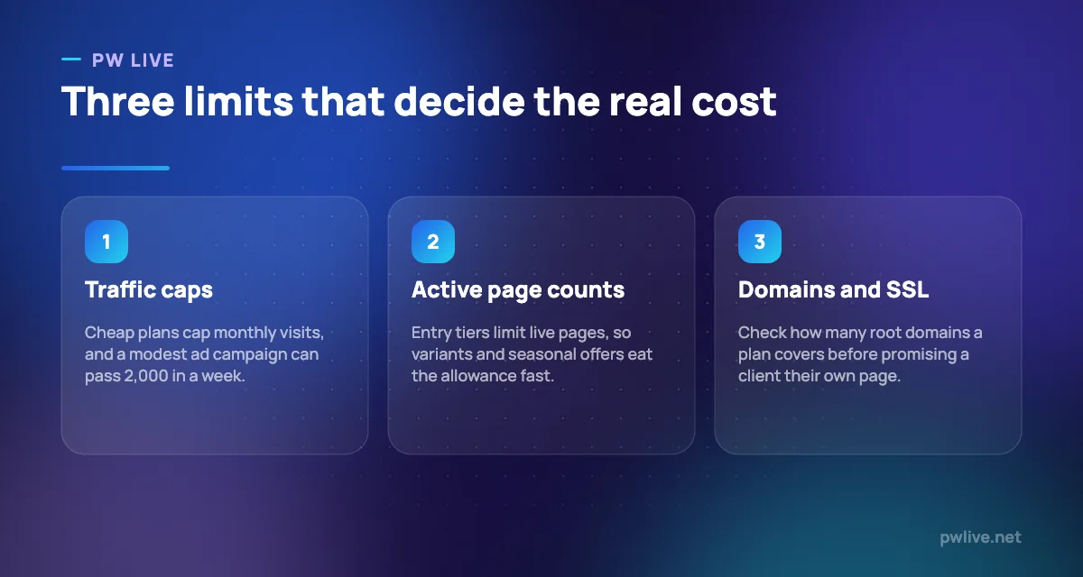 Three pillars describing traffic caps, page counts and domain limits on landing page builder plans.