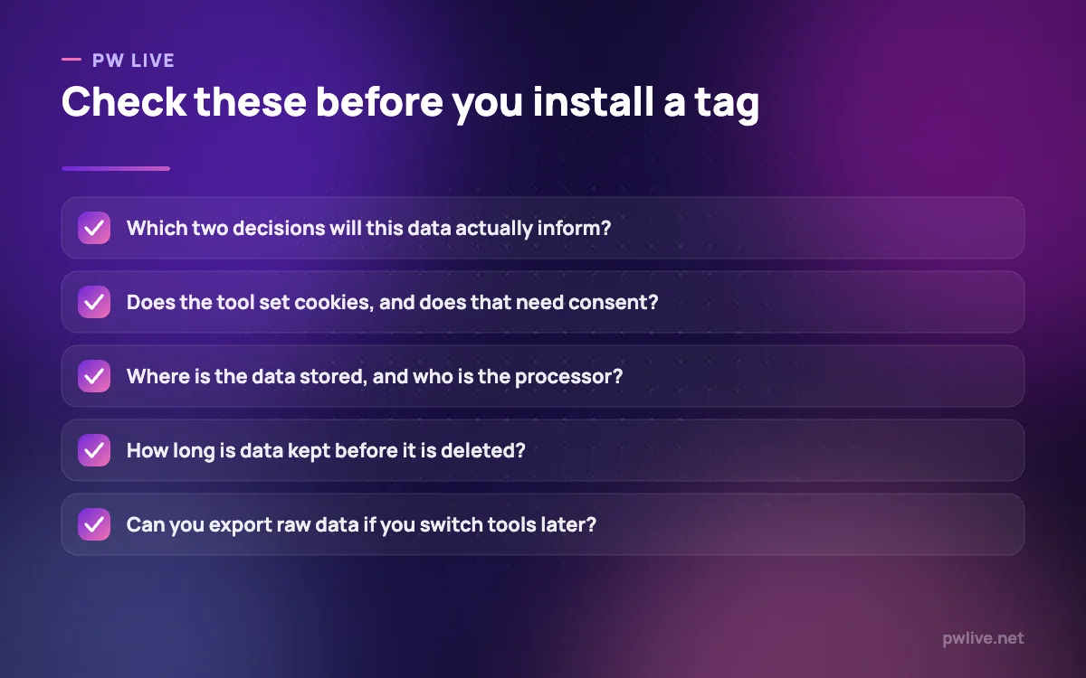 Checklist of five items to confirm before installing a web analytics tool.