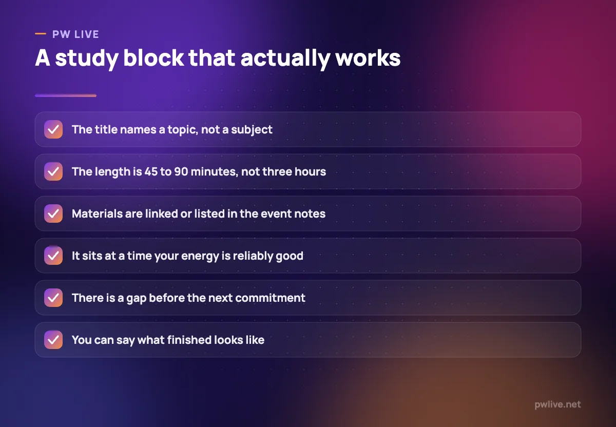 Checklist of six rules for writing a usable study block in a calendar.