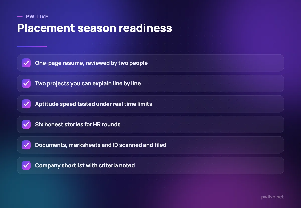 Checklist of six items to have ready before campus placement season begins.