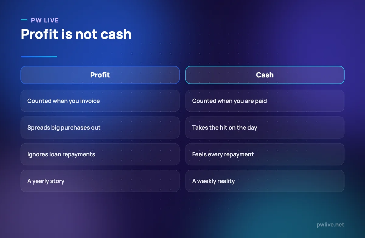 Comparison table showing the differences between profit and cash.