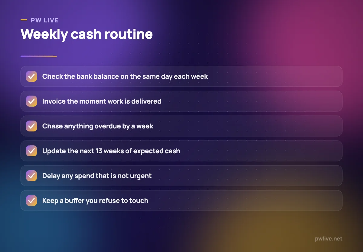 Checklist of six weekly cash flow habits for a small business.