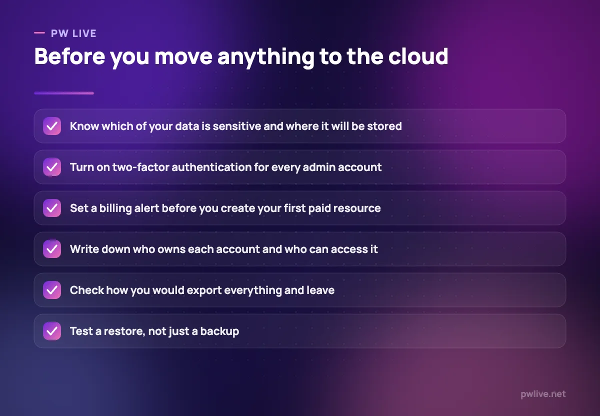 Checklist of six precautions to take before adopting a cloud service.