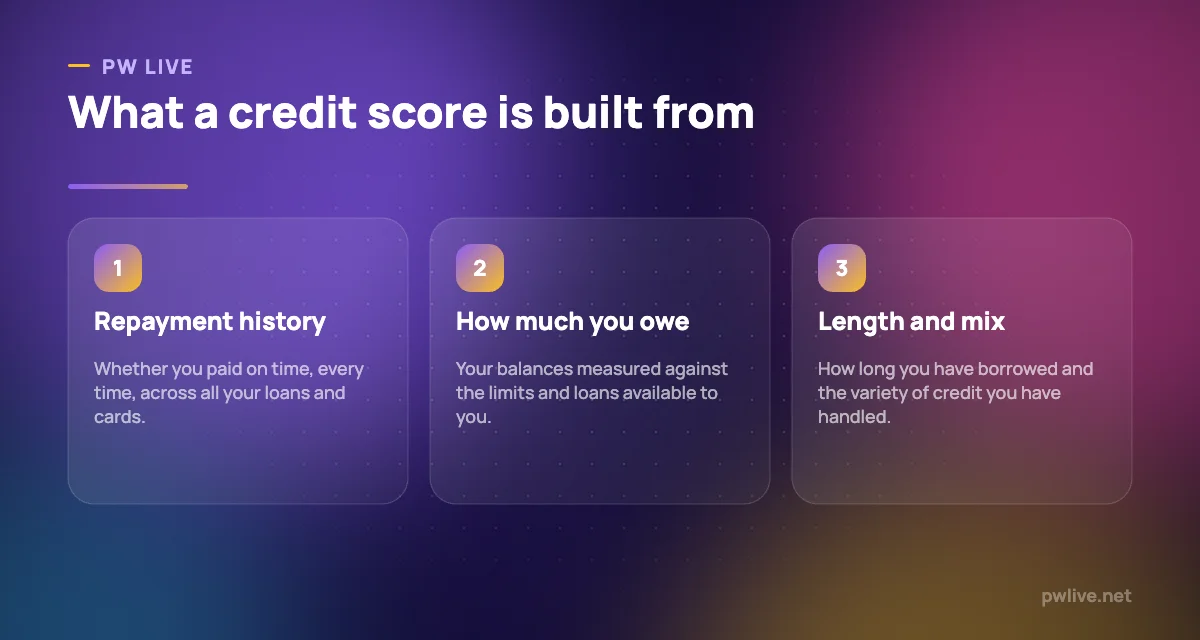 Three panels showing repayment history, amounts owed and credit history length.