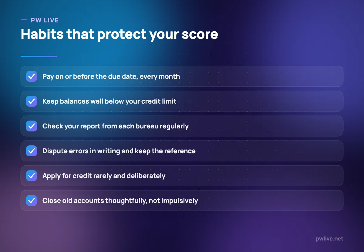 Checklist of six habits for protecting a credit score.