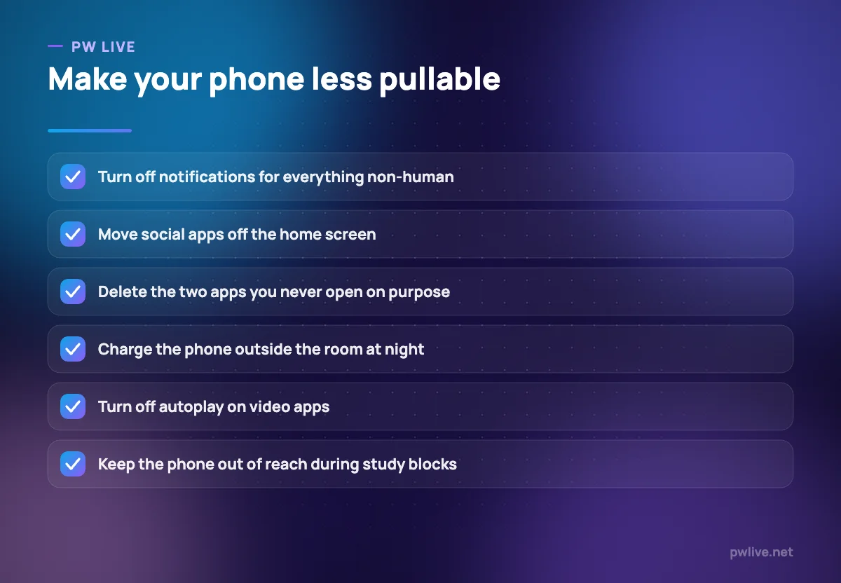 Checklist of phone settings changes to reduce mindless scrolling.