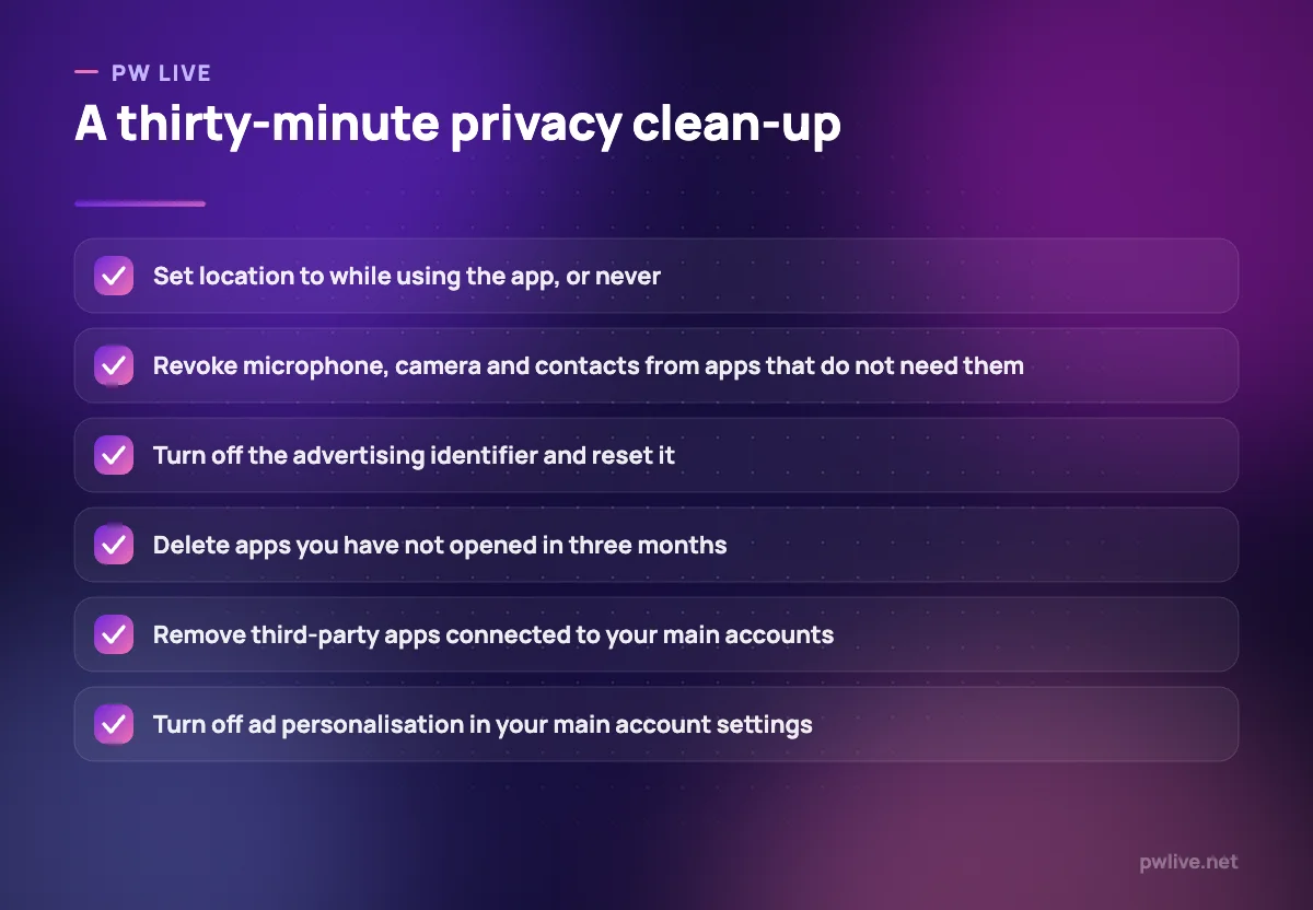 Checklist of six privacy settings to change on your phone and accounts.