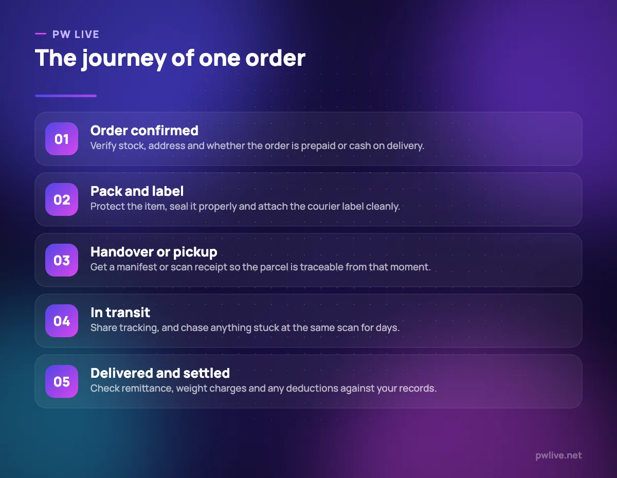 Five numbered steps tracing an order from confirmation through packing, pickup, delivery and settlement.