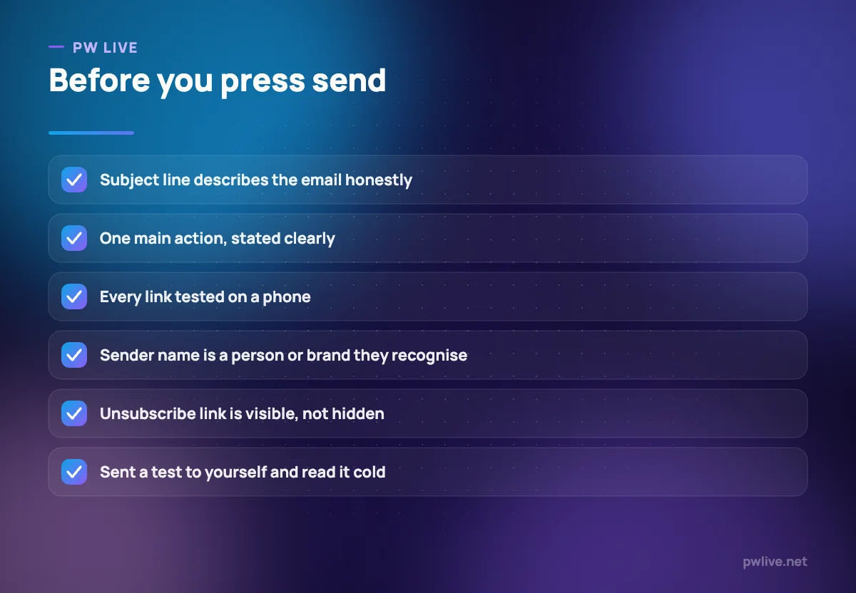 Six-point pre-send checklist for marketing emails.