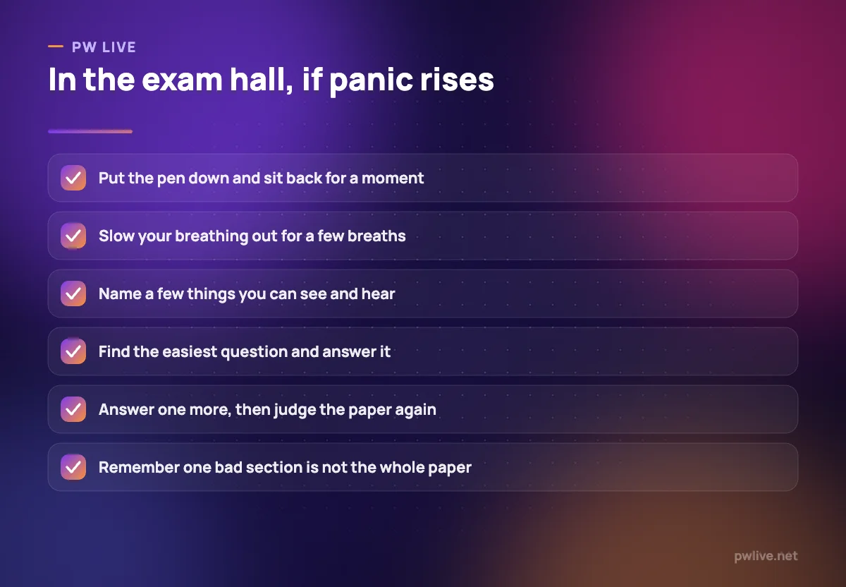 Checklist for managing panic during an exam: pause, breathe, ground, start easy, continue.