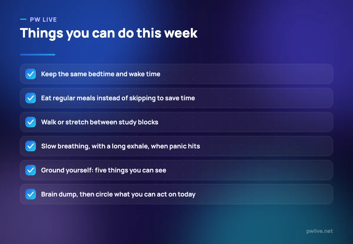 Checklist of six practical wellbeing actions during exam preparation.