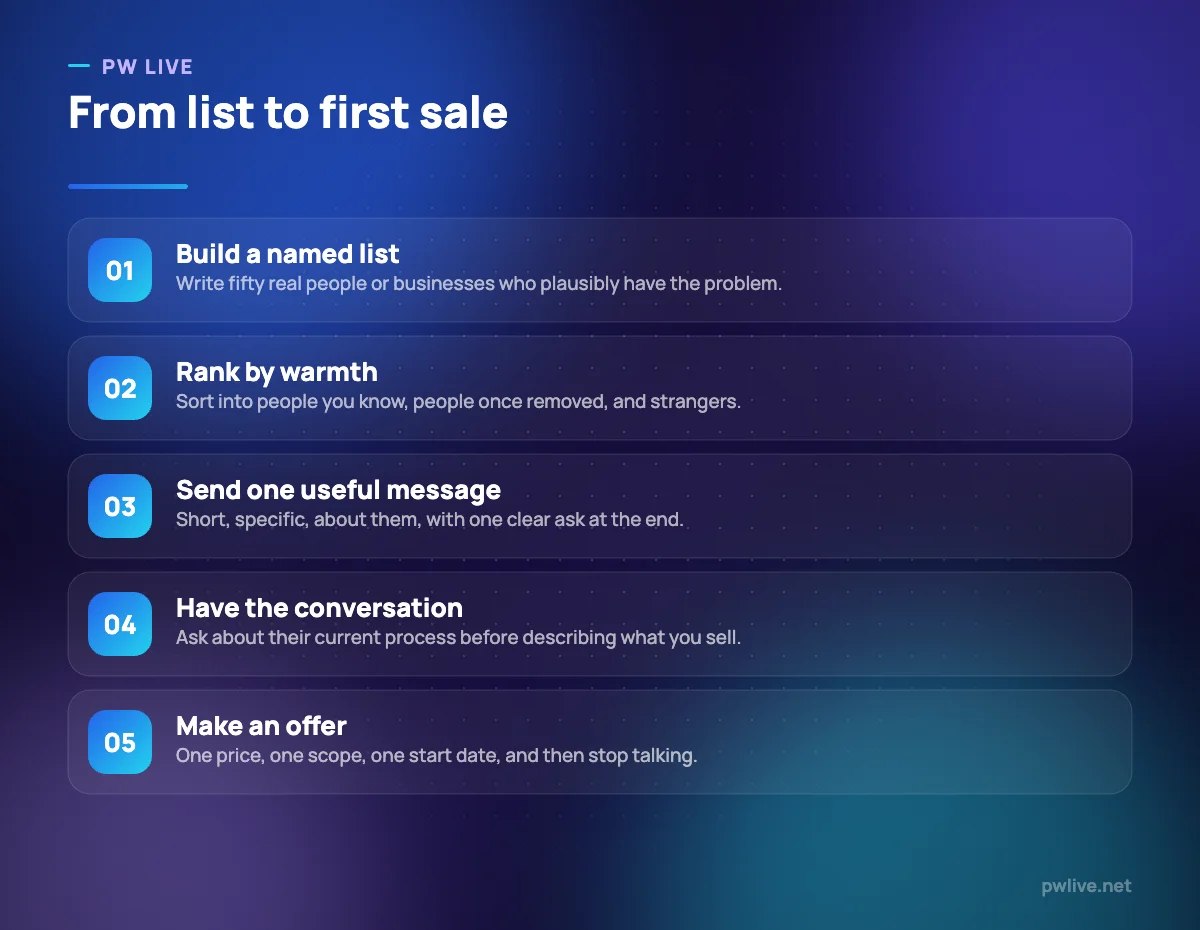 Five numbered steps from building a list to asking for the sale.