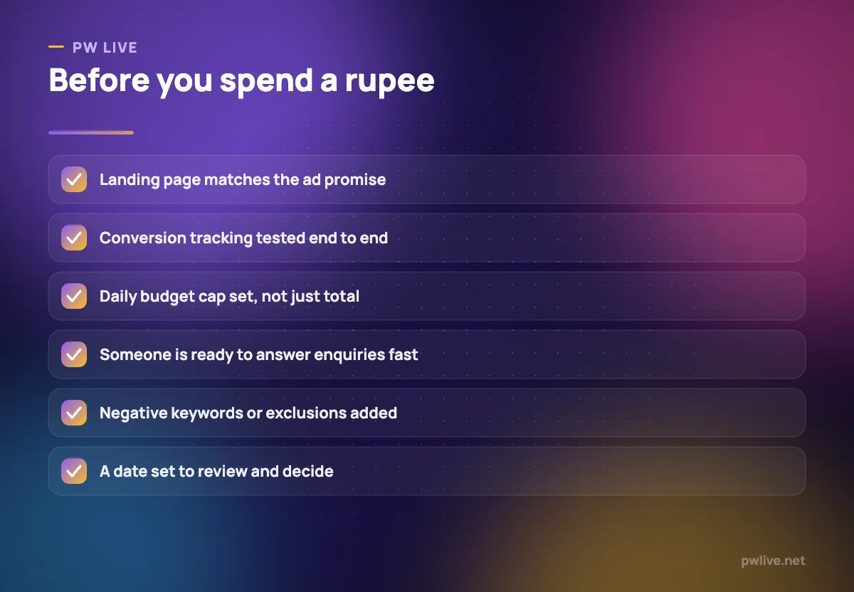 Six-point pre-launch checklist for a paid advertising campaign.