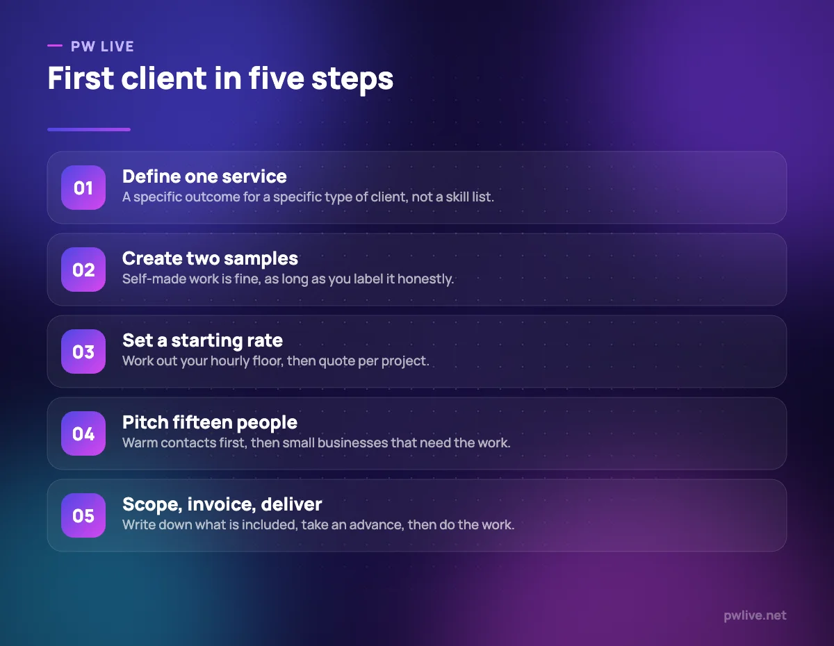 Five numbered steps for getting a first freelance client.