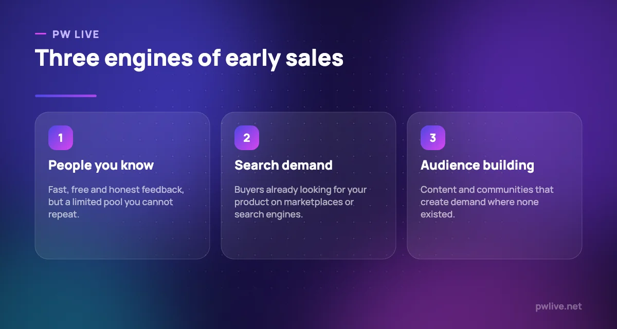 Three pillars representing people you know, search-driven demand and content that builds an audience.