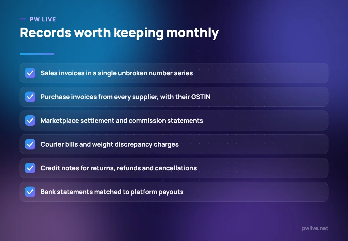 A checklist of six categories of records online sellers should maintain each month.