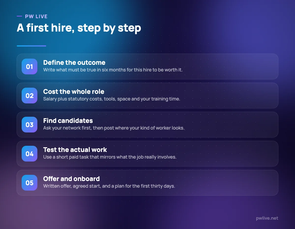 Five numbered steps from defining the role to onboarding a first employee.