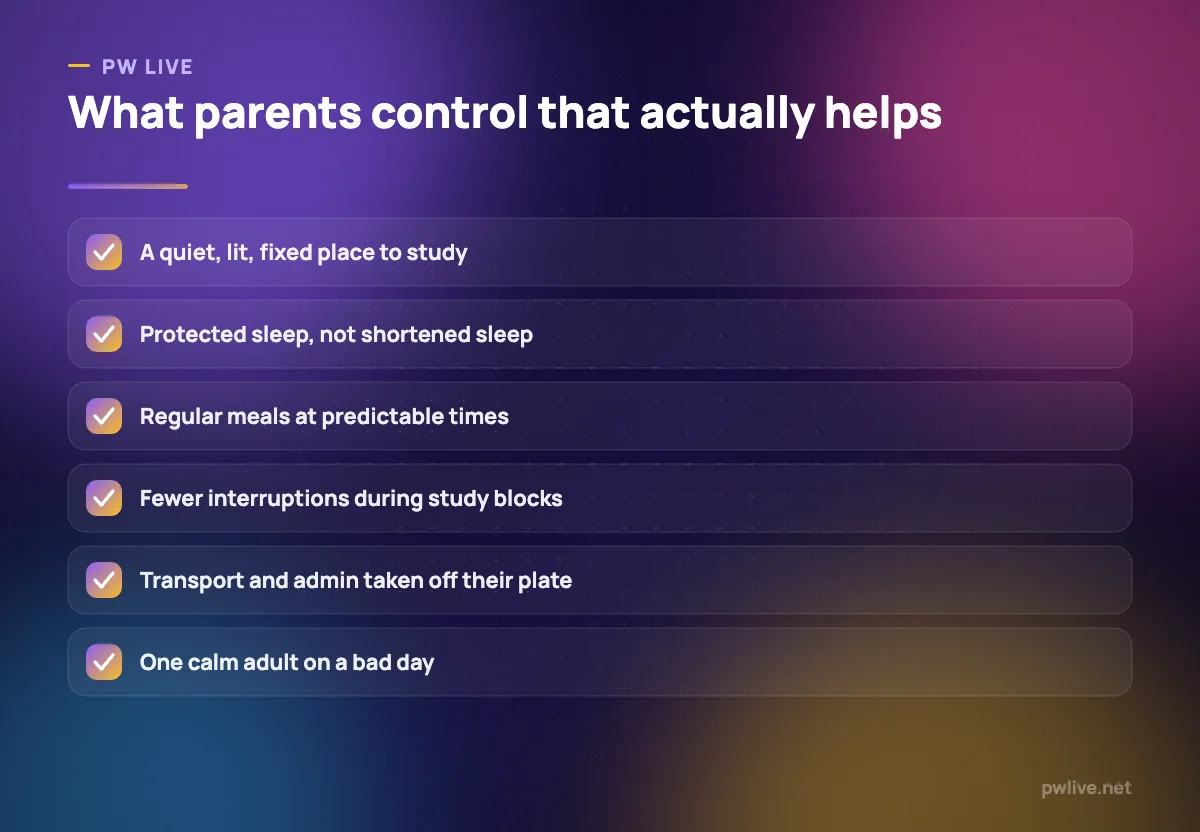 Checklist of six practical ways parents can support a studying child.