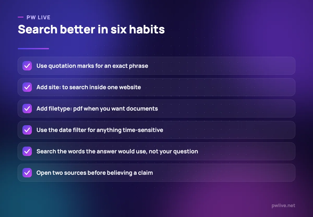 Checklist of six habits for getting better search results.
