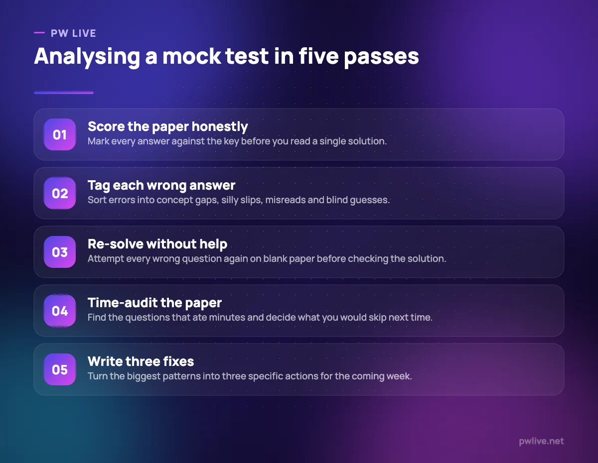 Five numbered steps for analysing a mock test, from scoring to writing fixes.