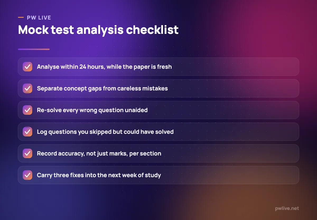 A checklist of six rules for reviewing a mock test properly.