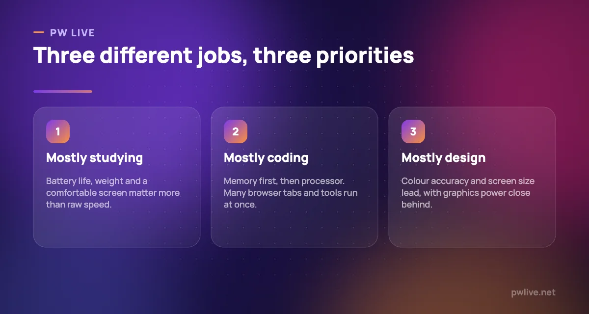 Three columns showing spending priorities for study, coding and design work.