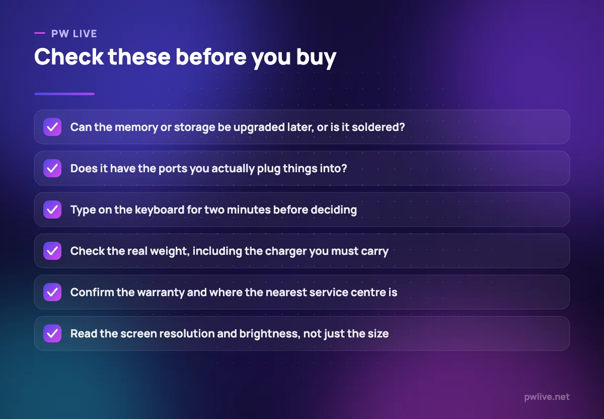 Checklist of six things to verify before buying a laptop.