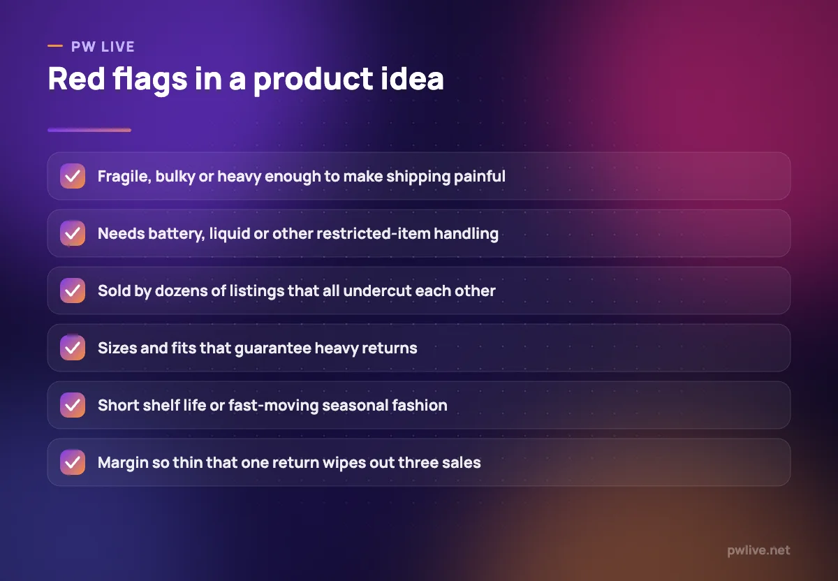 A checklist of six warning signs that a product is a poor choice for a new online seller.