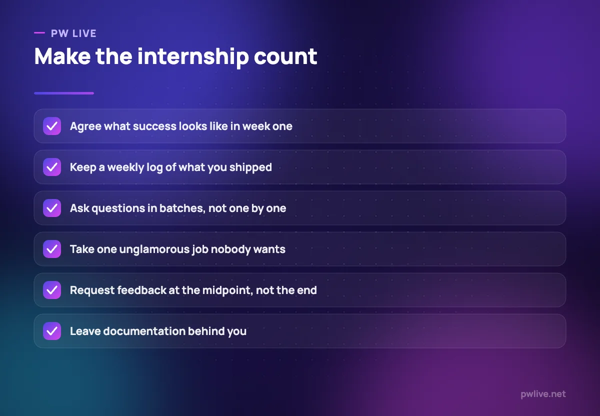 Checklist of six habits for performing well during an internship.