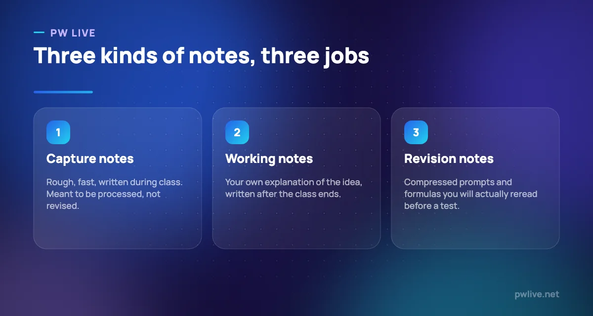 Three pillars describing capture notes, working notes and revision notes.