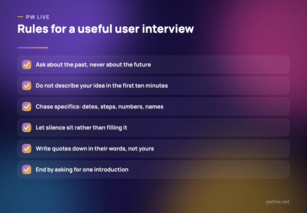 Checklist of six rules for conducting user interviews.