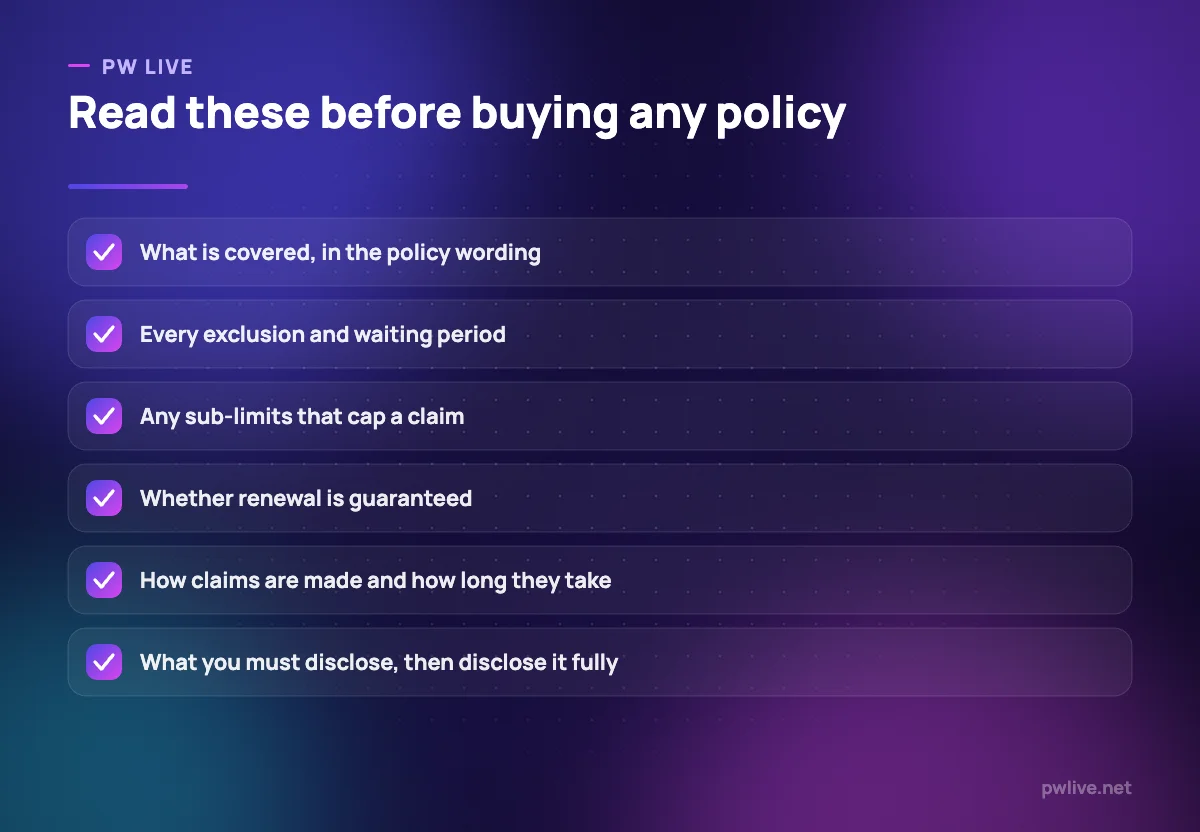 Checklist of six items to verify before buying an insurance policy.