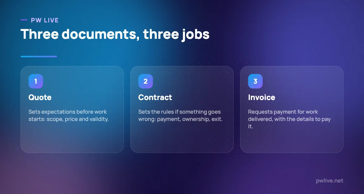 Three pillars explaining the role of a quote, a contract and an invoice.