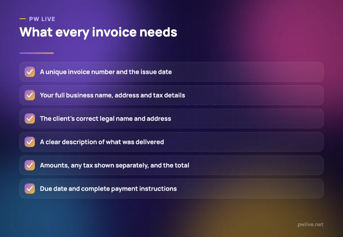Checklist of the essential elements every invoice should contain.