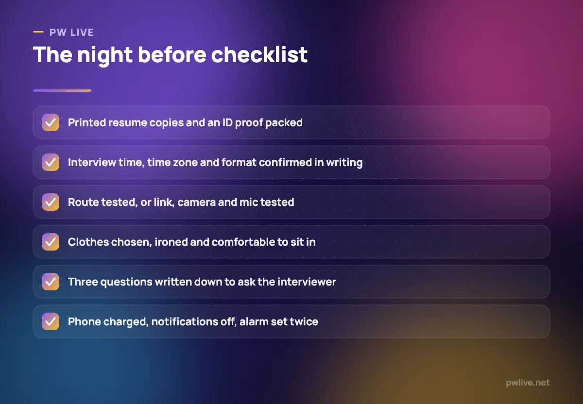 Checklist of six things to confirm the night before a job interview.