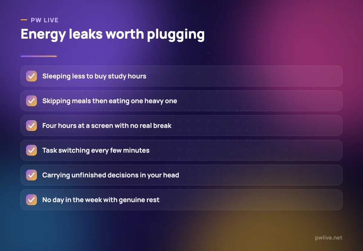 Checklist of six common causes of low energy during study.