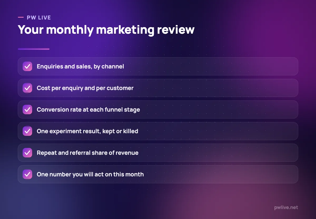 Six-item monthly marketing review checklist.