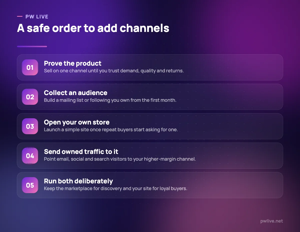 Five numbered steps for adding sales channels in order, from one marketplace to a full multi-channel setup.