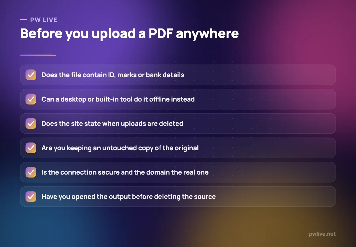 Checklist of six safety checks before using an online PDF converter.