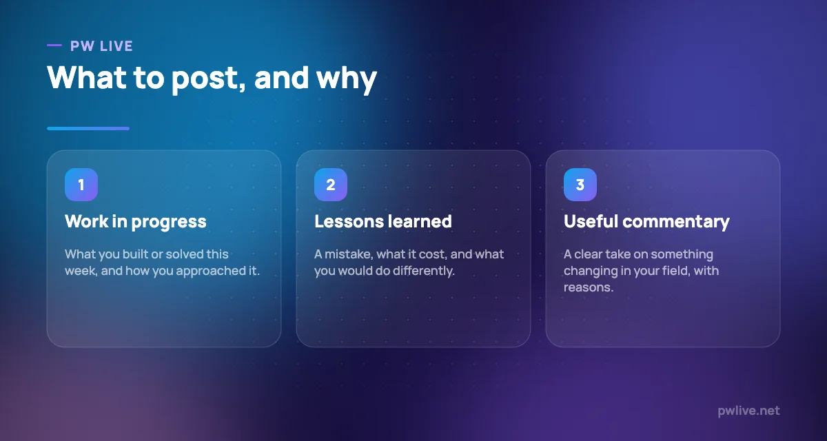 Three pillars of LinkedIn content: work, lessons and useful commentary.