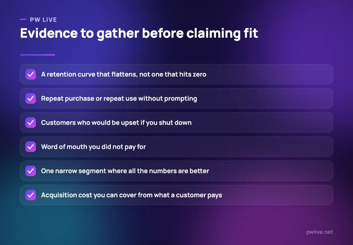 Checklist of six evidence checks for product-market fit.