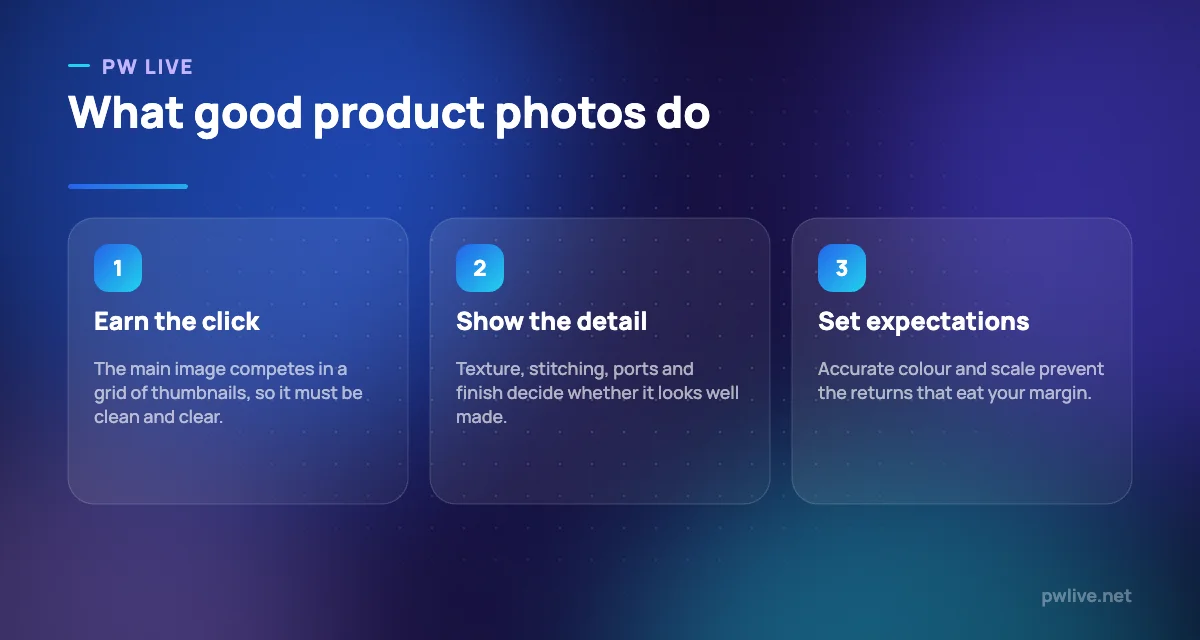 Three pillars describing the roles of product photos: attract attention, show detail and set honest expectations.