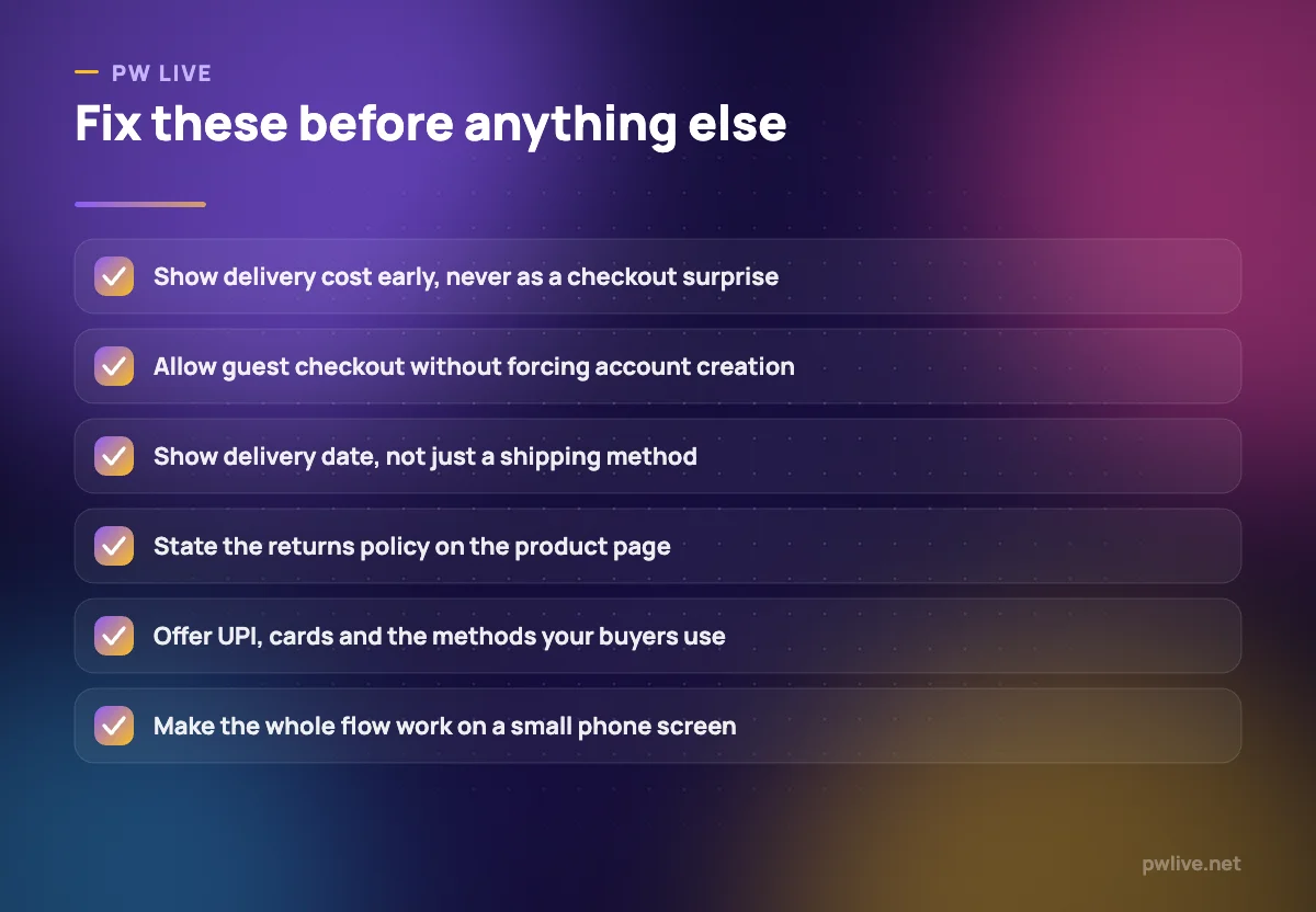 A checklist of six checkout problems that cause shoppers to abandon their carts.