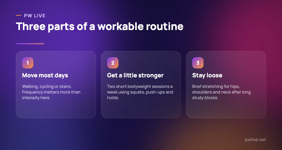 Three pillars of a student exercise routine: move daily, get stronger, stay loose.